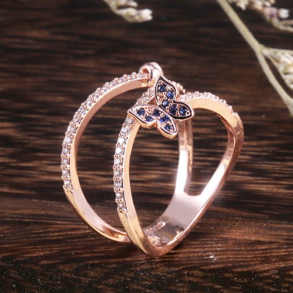 NEW Rose Gold Diamond Blue Butterfly Layer RIng - Picture 5 of 6